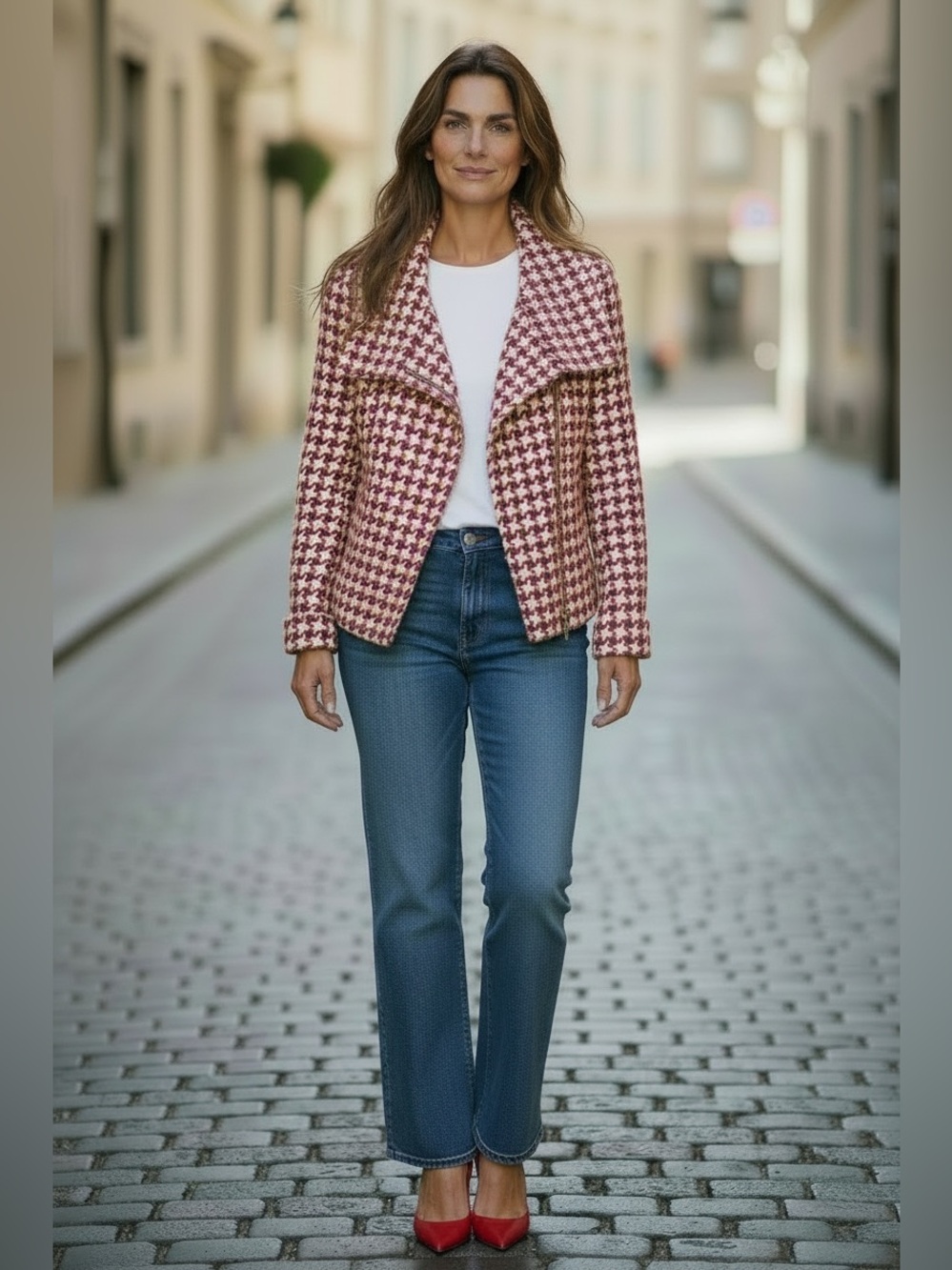 Talbots Red and Cream Houndstooth Funnel Neck Moto Jacket